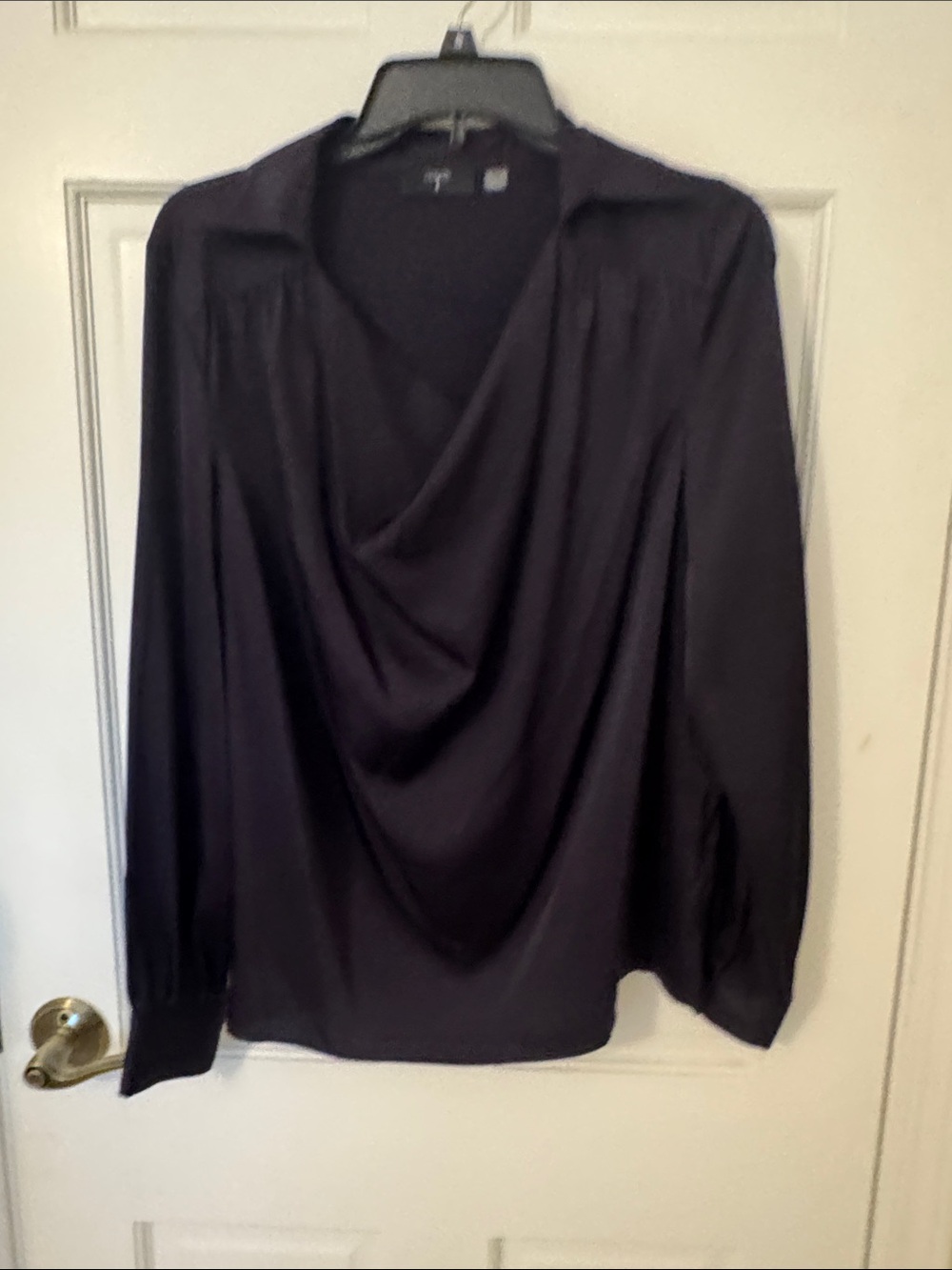 Tahari Dark Purple Draped V-Neck Long Sleeve Blouse